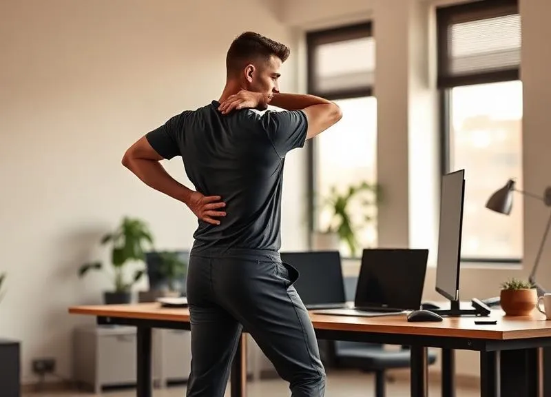 Desk athlete stretching to counteract 8 hours of sitting